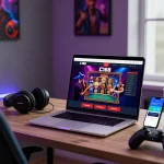Exciting C168 online gaming platform on laptop screen, user engaged in live casino game, vibrant gaming workspace with lively atmosphere.