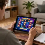 Player engaging with sc88 online slots on tablet in a cozy home setting, illustrating responsible gaming.