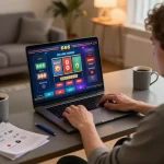 Player enjoying s666 online casino games on a laptop in a warm home office setting