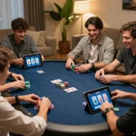 Kubet online players engaged in a lively home poker game, showcasing strategic gameplay.