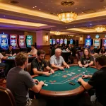 Players at TG88-lc poker tables engage in intense gameplay, showcasing casino vibrancy.