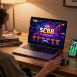 Engaging with the SC88 casino app on a laptop, showcasing responsible online gambling.