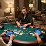 Players enjoying cm88 with live dealer games in a stylish home setup.