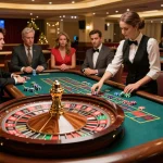 Engaging players at g28-t1 roulette table placing bets in a luxurious casino atmosphere.