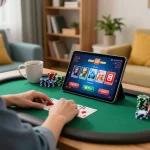 Engaging online poker gameplay at home featuring sc8885 digital interface amidst cozy atmosphere.