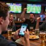 Engaged bettor placing mobile bets at c168 sports bar during live games, surrounded by cheering fans.