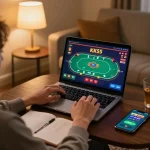 Player engaging in KK55 online gaming on a laptop in a cozy home setting, emphasizing responsible gambling atmosphere.
