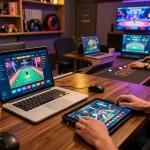 Engaging players enjoying MB88 live dealer games on tablet and laptop with vibrant gaming visuals