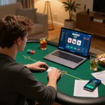 sc88 trang chủ user engaged in online poker gameplay at home with strategic notes and drinks