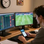 Engaging in kèo nhà cái action while analyzing live sports betting odds on multiple screens