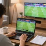 Kèo nhà cái insights being analyzed on a laptop while watching a live football match at home