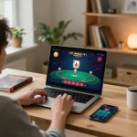 Engaging blackjack gameplay on a laptop screen at home, showcasing strategic online gambling with xfzc168.