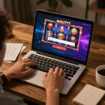 Engaging online gaming scene showing MAU777 login on laptop with vibrant slot graphics.