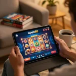 open88 player engaging in thrilling online slot games with vibrant graphics and cozy home atmosphere