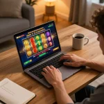 Player using laptop to enjoy the xfzc168 online slot games in a cozy atmosphere
