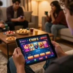 C168 đăng nhập on mobile app for online gaming, highlighting vibrant gameplay on tablet in cozy living room.
