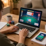 Engaged player using online casino app 789win while analyzing poker strategies at home.
