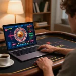 Player enjoying an immersive EV99 online roulette experience with vibrant game display and home ambiance.