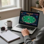 Engaged player accessing open88 trang chủ for strategic online poker gameplay at home.
