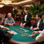 Players eagerly engaging in blackjack at AE888’s casino, showcasing strategic bets and lively gaming