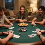 Players enjoying a poker game at home with tg88 atmosphere of excitement and strategy in a cozy setting