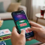Engaging action in F8beta2 ink mobile blackjack game, player doubling down on cards in a cozy home setting.