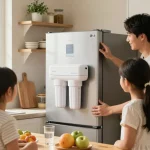 Family member installing the Waterdrop Alkaline LT1000PC ADQ747935 Replacement for LG® LT1000P®/PC/PCS ThinQ® Refrigerator Water Filter in a bright kitchen with fresh produce.