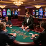 The hidden wiki showcases players engrossed at an elegant blackjack table in a luxurious casino environment.