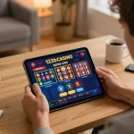 Player enjoying interactive gameplay on 123b tablet app in a cozy home setting, showcasing responsible gambling.