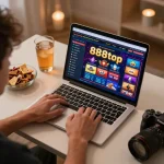 Person engaging with the 888top online casino platform on a laptop in a cozy home environment.