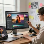 Designer using the nano banana pro AI image editor in a creative studio.