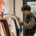 Young adult exploring stylish fashion items at https://shs-dome5.com/ in a vibrant urban shopping scene.