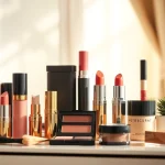 Showcase of wholesale makeup suppliers' products, highlighting diverse cosmetics on a chic vanity.