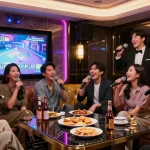 Friends enjoying karaoke at https://www.gangnamtune.com/ vibrant private room, showcasing luxury and fun.