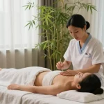 Healing therapy at 수원한의원 combining traditional acupuncture with modern wellness techniques in a serene environment.