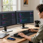Developer coding with OpenClaw AI on dual monitors in a vibrant workspace.