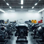 Showcase of various used engines available in a bright, modern showroom.