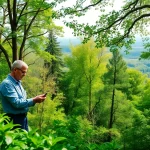 Engaging image representing tree consultancy highlighting tree health assessment in a serene forest.