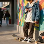 Explore street fashion at https://shs-dome5.com/ with a trendy individual against an urban mural.