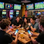 Engaging scene of friends placing bets on Fun88 com app in a lively sports bar