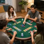 Xóc đĩa gameplay showcasing home players engaged around a table, chips and dice in action