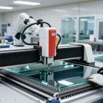 Technician operating a cutting machine glass in a modern glass processing workshop.