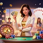 Experience high-stakes play with winstrike69, showcasing a powerful Asian woman holding golden cards in a vibrant casino scene.
