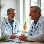 Private GP providing personalized consultation in a modern clinic setting.