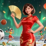 Experience thrilling action at UFABET with a confident Asian woman celebrating wins surrounded by gold coins and sports elements.