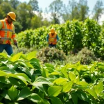 Japanese Knotweed Removal process featuring workers in protective gear clearing invasive plants.