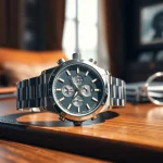 Showcase a luxurious replica watch with detailed craftsmanship on a wooden surface.