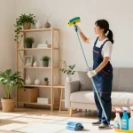 Professional cleaner demonstrating cleaning services Hong Kong in a modern living room setting.