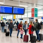 Travelers arriving at Manchester Airport from Halifax, navigating a busy terminal.