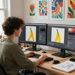 Artist using nano banana 2 AI image editor in a creative workspace with vibrant art inspirations.